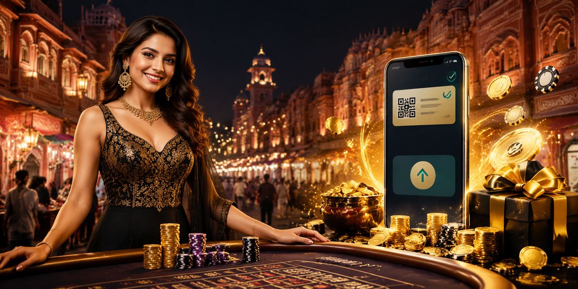 Joyful Indian customer registering on a mobile betting app at night market
